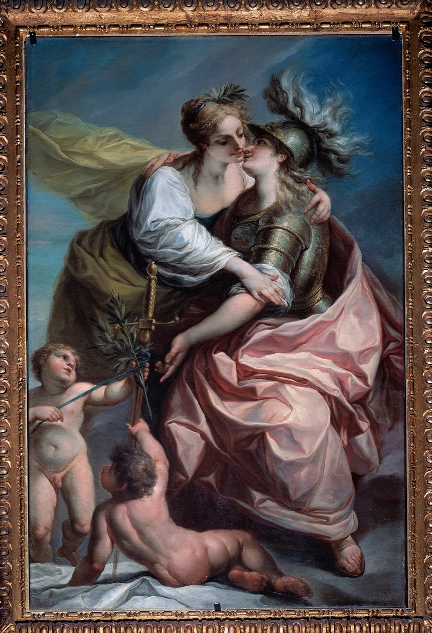 Cumhuriyetin on üç değerinin alegorisi: Adaleti Kucaklayan Barış (Resim, 1783 sonrası) by Carlo Giuseppe Ratti