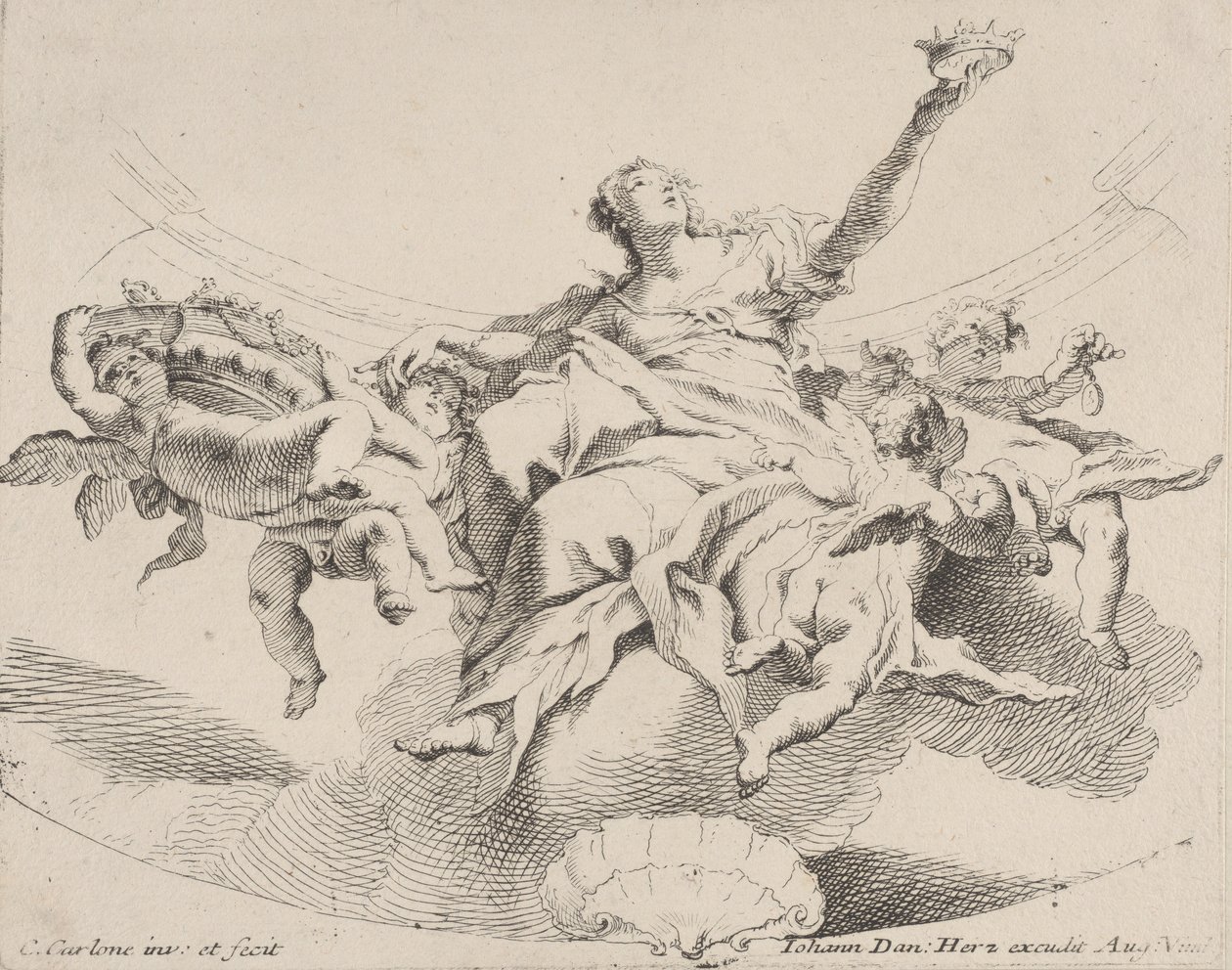 Bulutların üzerine oturmuş, elinde taç tutan ve putti ile çevrili bir kadın tarafından temsil edilen güç,..., 1725-75. by Carlo Innocenzo Carloni