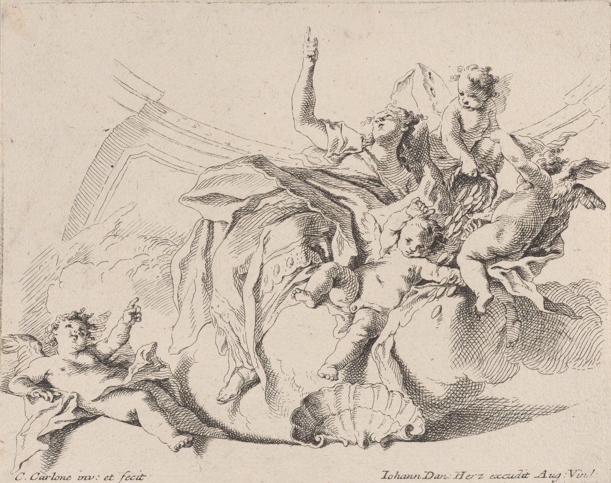 Bulutların üzerinde oturan ve putti ile çevrili bir kadın tarafından temsil edilen zenginlik, bunlardan biri..., 1725-75. by Carlo Innocenzo Carloni