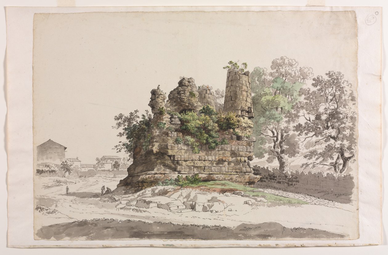 Solda uzakta Madonna della Stella Kilisesi ile Albano'daki Curiatii Kardeşlerin Sözde Kabiri by Carlo Labruzzi