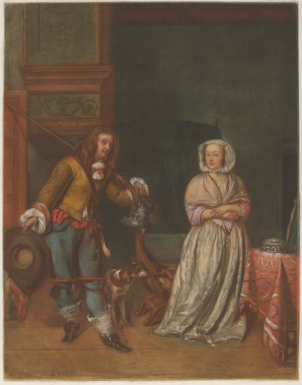 Bir bayanı ziyaret eden avcı by Carlo Lasinio after Gabriel Metsu