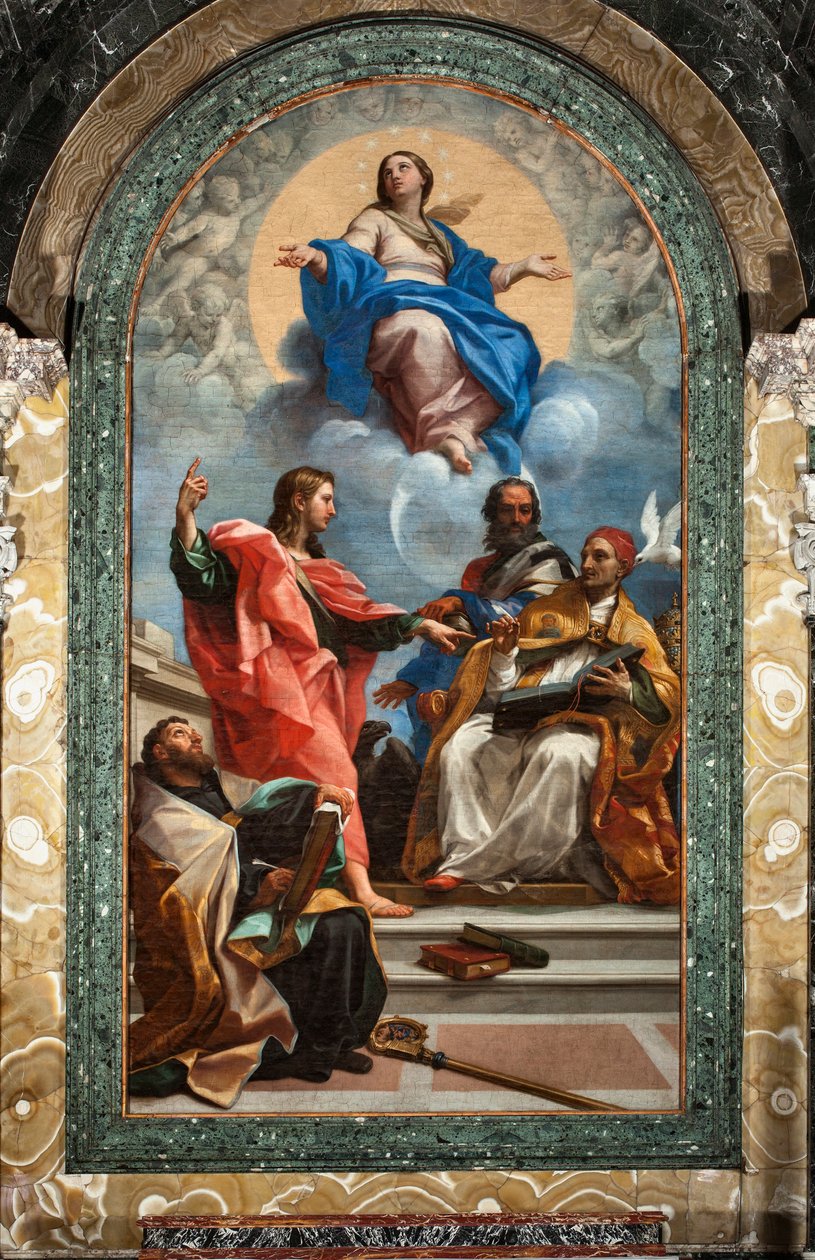Immaculate Conception ve Saint John the Evangelist, Saint Gregoire the Great, Saint John Chrysostom ve Saint Augustine (tuval üzerine yağlı boya by Carlo Maratta or Maratti
