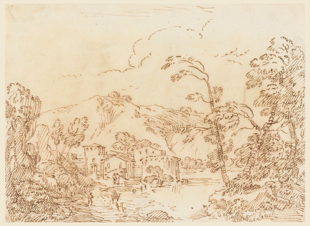 Çizim, Dağlık Bölgede Dere Kenarında Bir Köy, 1770-86 by Carlo Marchionni