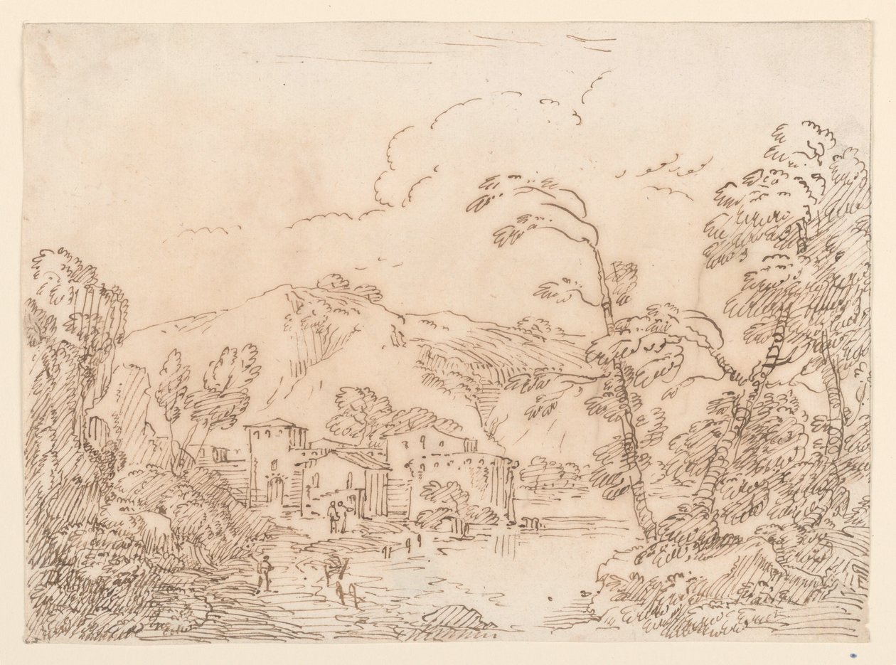 Çizim, Dağlık Bölgede Dere Kenarında Bir Köy, 1770-86 by Carlo Marchionni