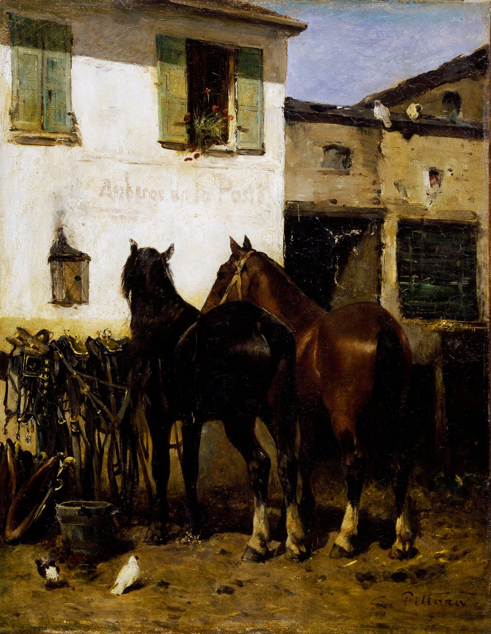 Post-atlar, Carlo Pittara (1836-1891), tuval üzerine yağlı boya, 41x32 cm, İtalya by Carlo Pittara