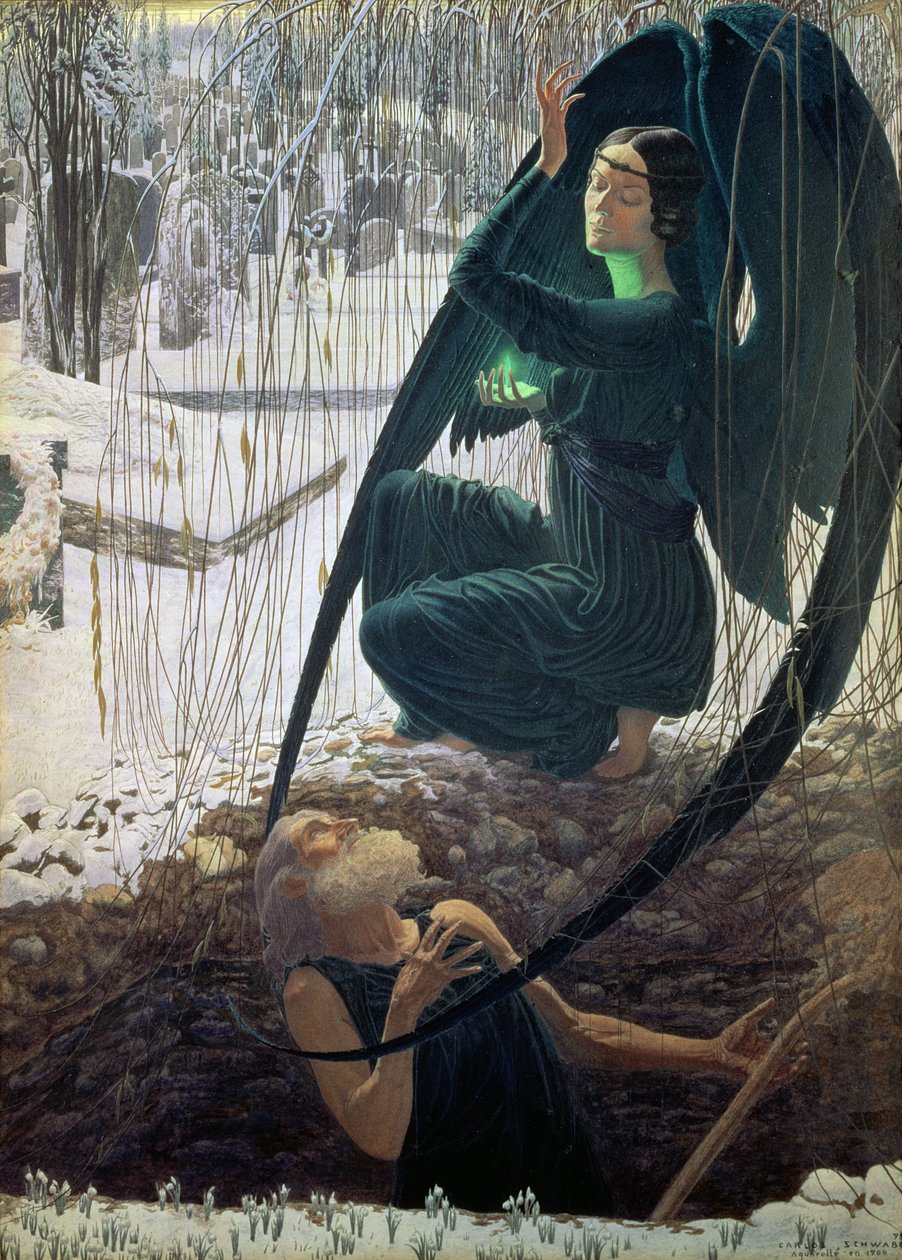 Ölüm ve Mezarcı, 1900 (guaj, suluboya ve kurşun kalem) by Carlos Schwabe