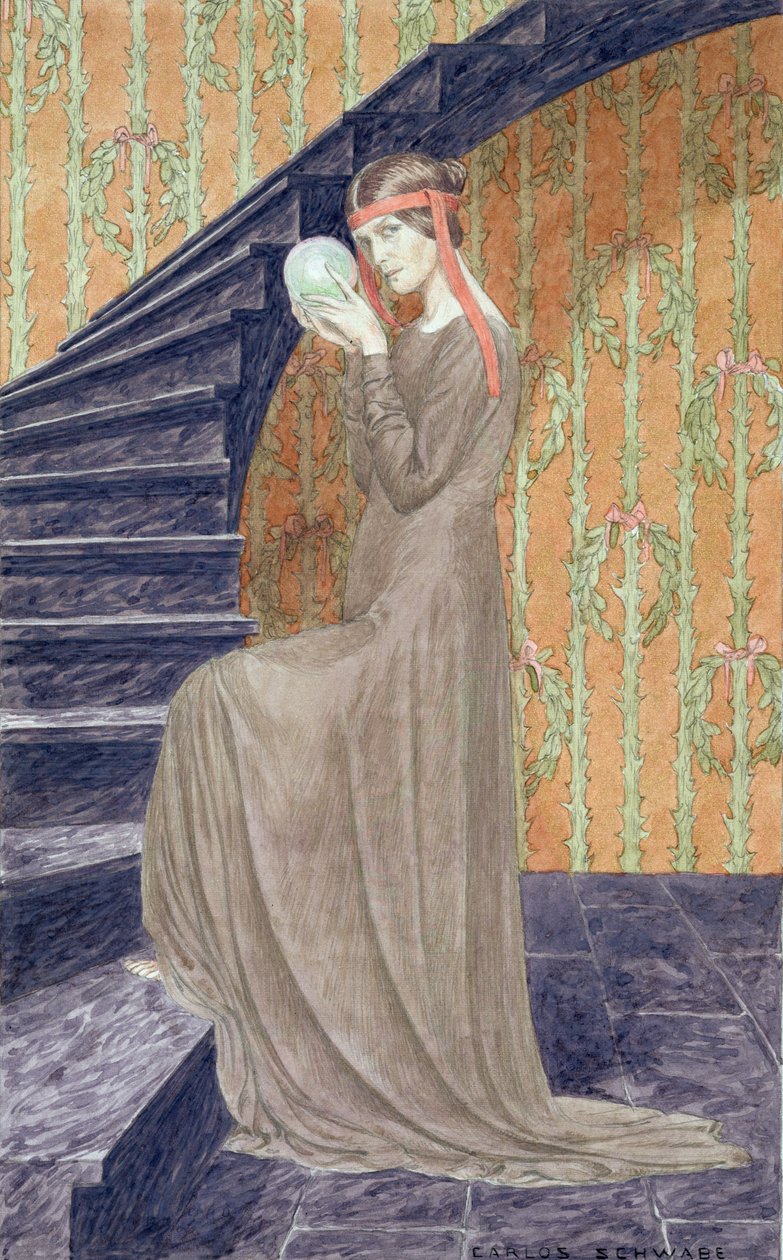 Estetik tarzda elbiseli genç kadın, elinde bir küre, 1894 by Carlos Schwabe