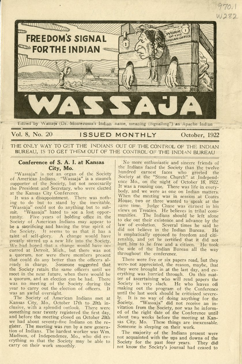 Sayı Wassaja, Cilt. 8, No. 20, Ekim 1922 by Carlos Montezuma