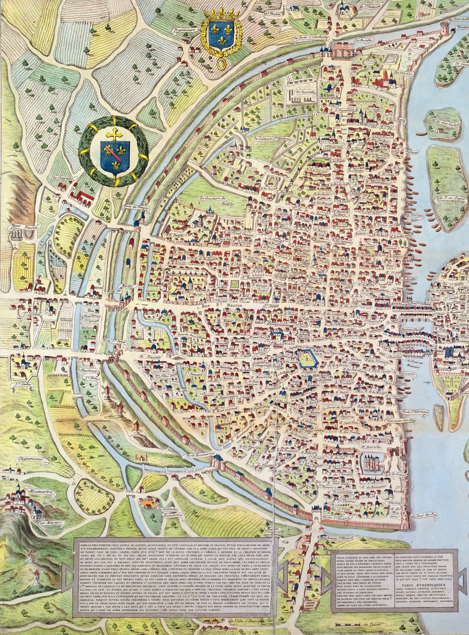 Paris c haritasından Sağ Bankası Detayı. Plan de la Tapisserie olarak bilinen 1540, goblen olarak yapılmış c. 1570, 1818 renkli gravür by Caroline Naudet
