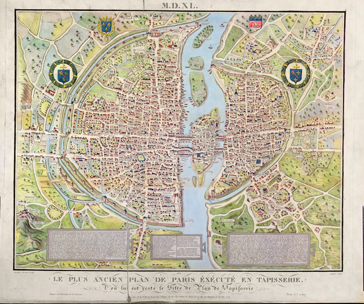 Plan de la Tapisserie olarak bilinen, bir goblen olarak yapılmış c.1540 c.1540 Paris haritası, c.1571, 1818 (renkli gravür) by Caroline Naudet