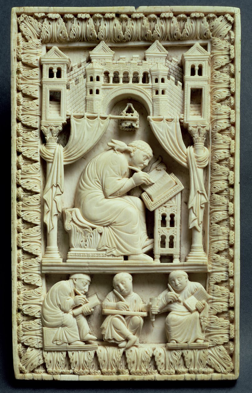 St. Gregory aşağıda katiplerle birlikte yazıyor, Fransız-Alman Okulu, c.850-875 by Carolingian School