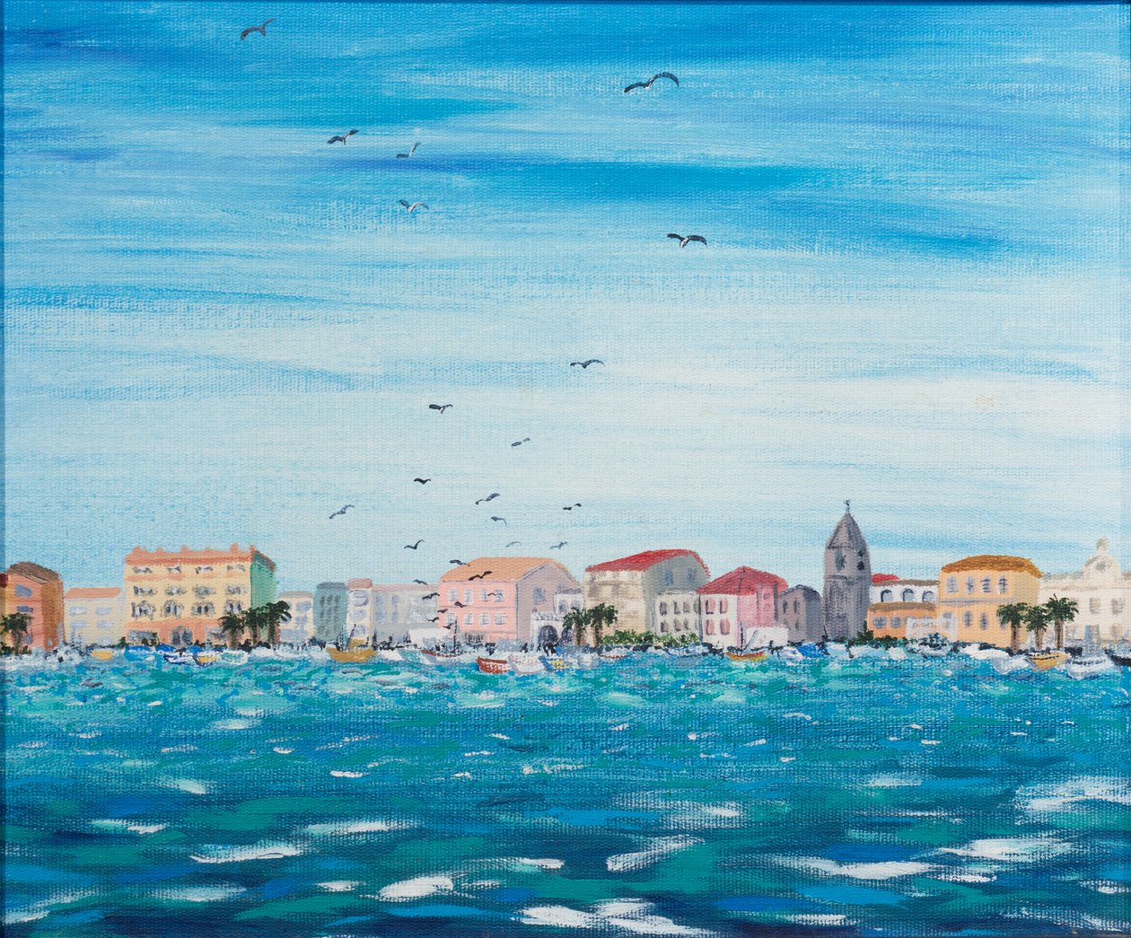 Sea Scene with Houses, 1995 (acrylic on board) by Carolyn Hubbard Ford