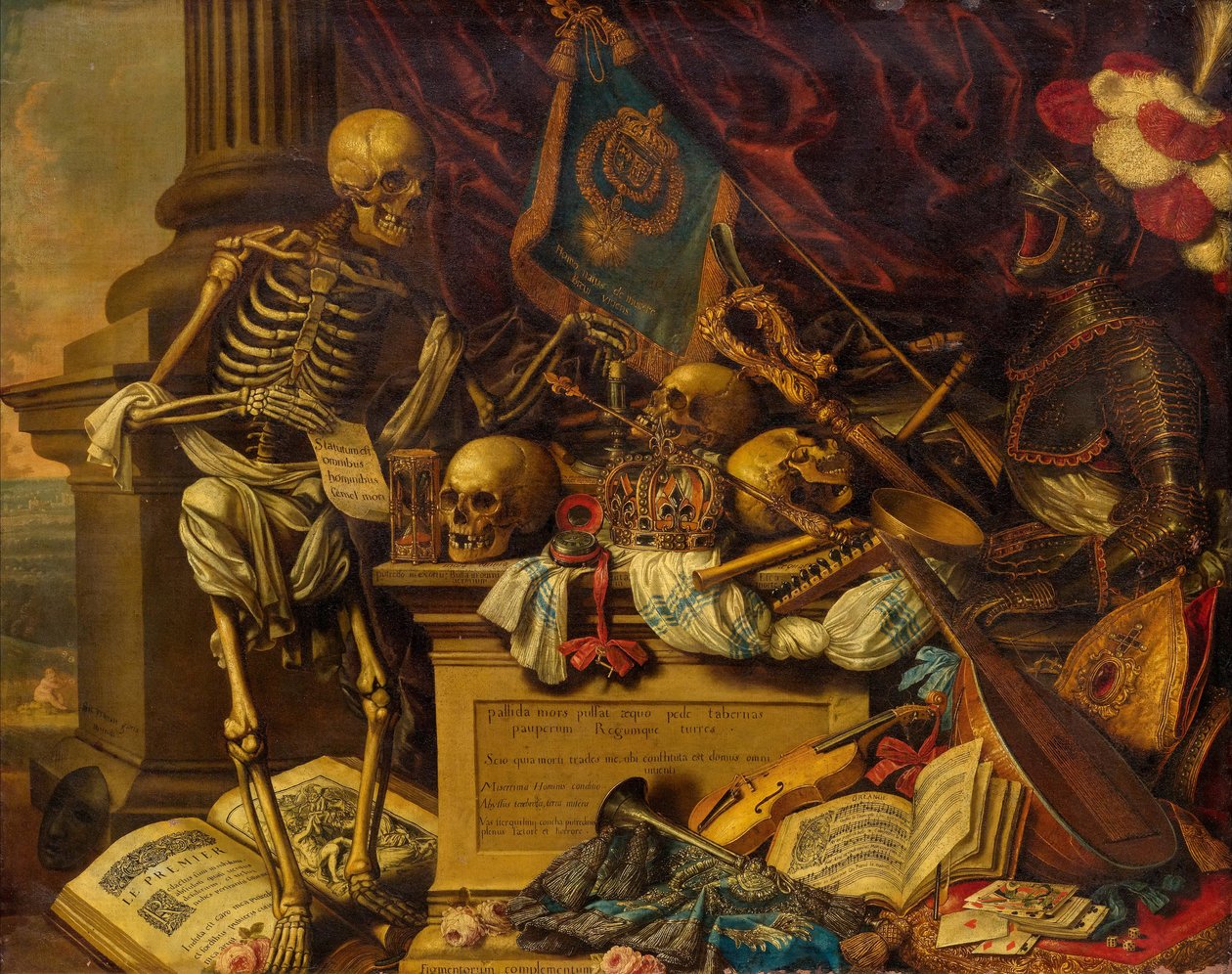 Vanitas Natürmort müzik aletleri, kitaplar, notalar, iskelet, kafatası ve zırh ile, 17. c by Carstian Luyckx