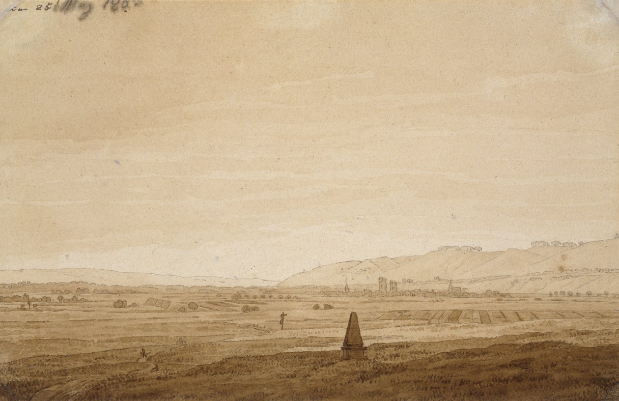 Dikilitaş ile manzara, 1803 (fırçanın ucu kahverengi mürekkeple ve kirli beyaz kağıt üzerinde sepya) by Caspar David Friedrich
