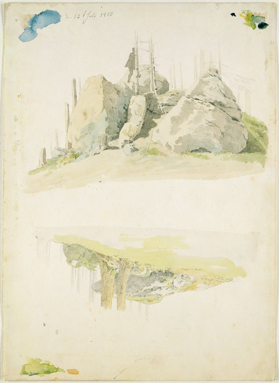 Rock and Tree: Two Studies, 12 Temmuz 1810 (kağıt üzerinde wc ve kalem) by Caspar David Friedrich