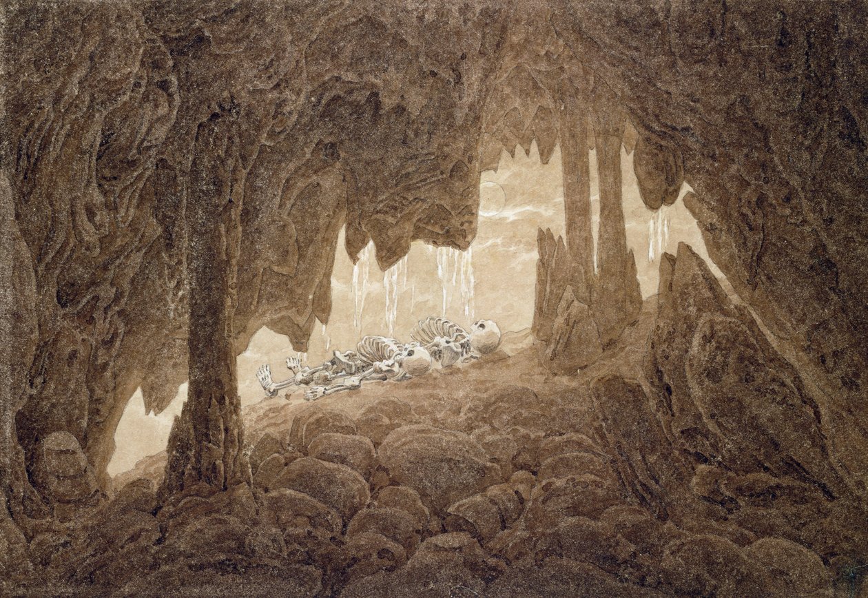 Mağaradaki İskelet (kağıt üzerine sepya mürekkebi ve kurşun kalem) by Caspar David Friedrich