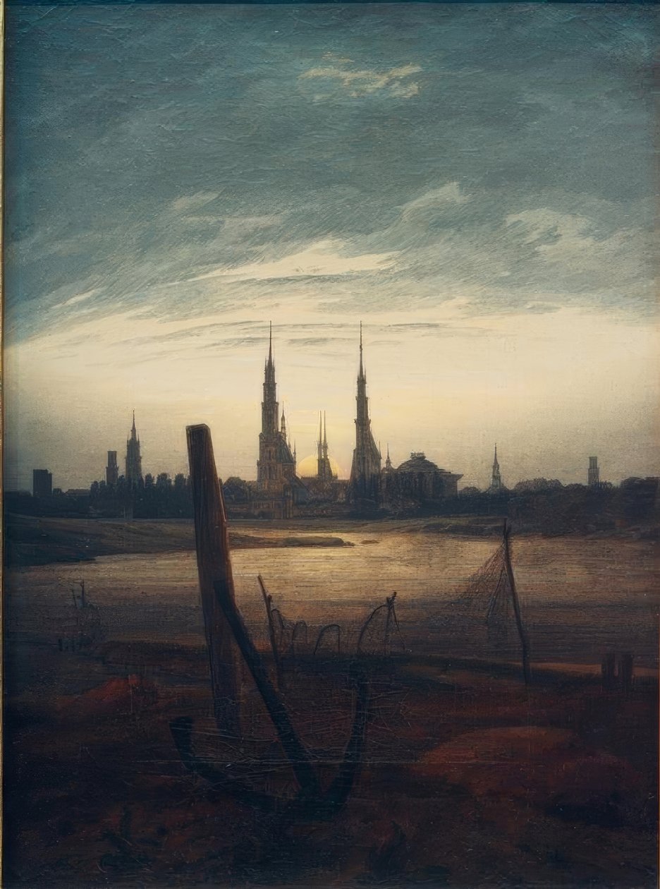 Ayın yükselişinde şehir by Caspar David Friedrich