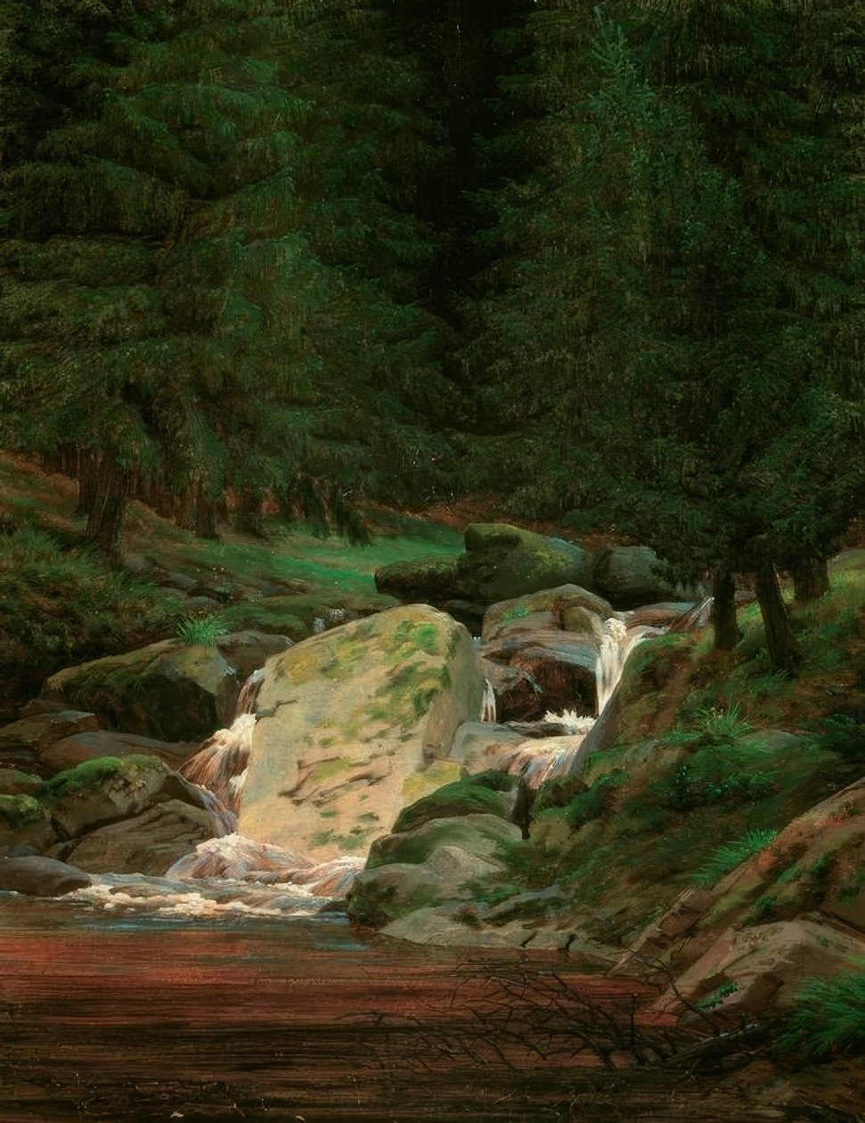 Bir şelale ile köknar ormanı by Caspar David Friedrich