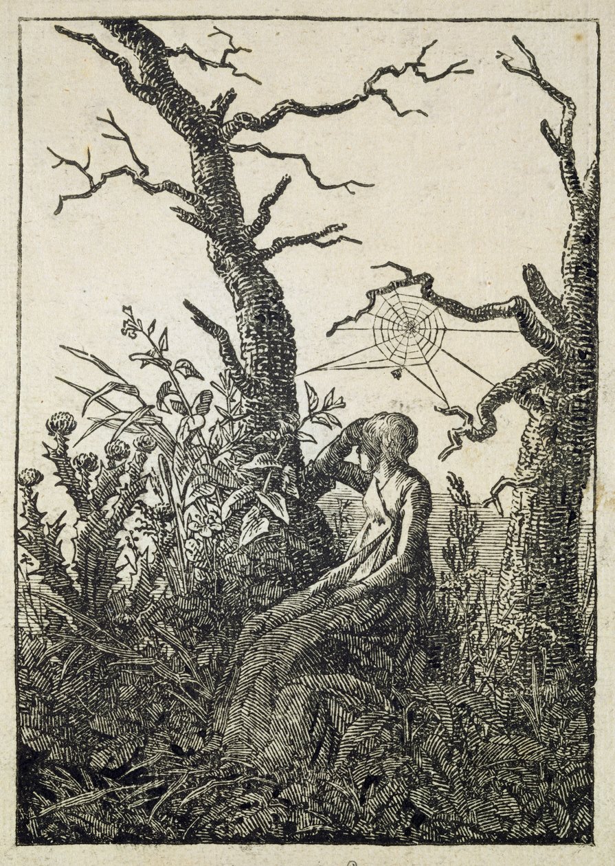 Yapraksız Ağaçların Ortasında Örümcek Ağı Olan Kadın by Caspar David Friedrich