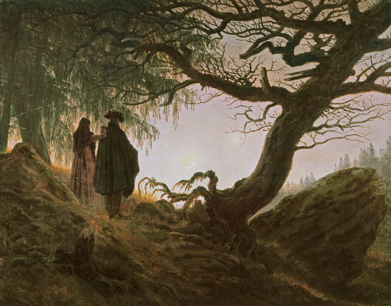 Caspar David Friedrich (1774-1840) tarafından ayı düşünen bir erkek ve kadın by Caspar David Friedrich