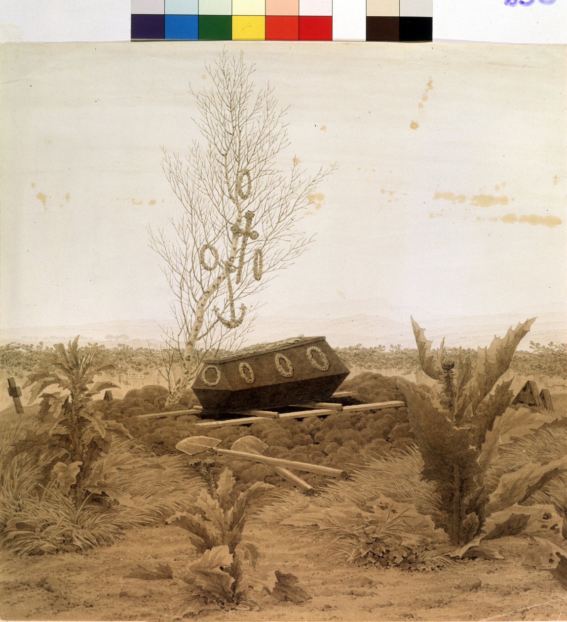 "Mezar kenarında" Mezarın dibine indirilmek üzere olan bir tabut. Caspar David Friedrich (1774-1840) tarafından 1830 dolaylarında kalem çizimi Puşkin Müzesi, Moskova by Caspar David Friedrich
