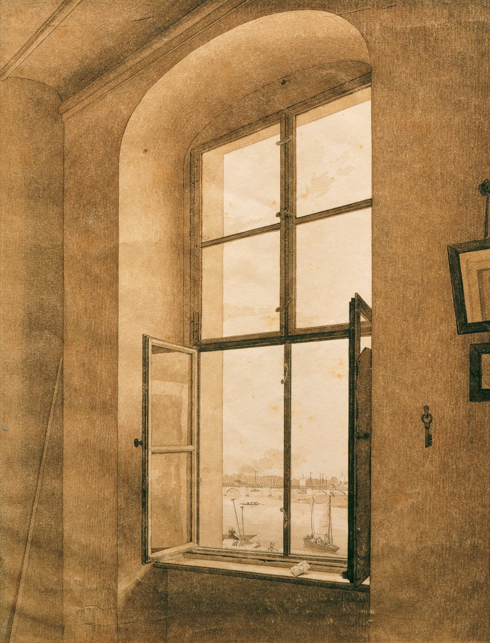 Sanatçının Dresden'deki stüdyosundan Elbe'nin görünümü (sol pencere) by Caspar David Friedrich