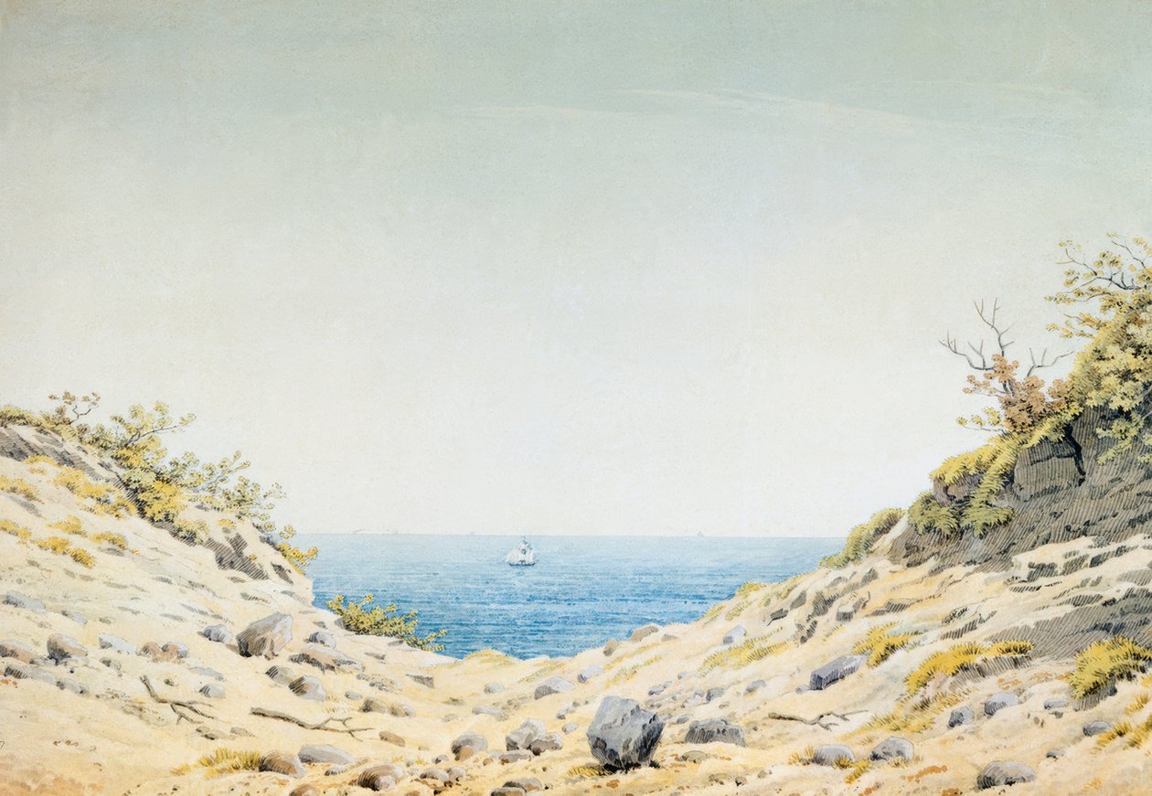 Denize doğru bir çöküntüden görüntüleyin by Caspar David Friedrich