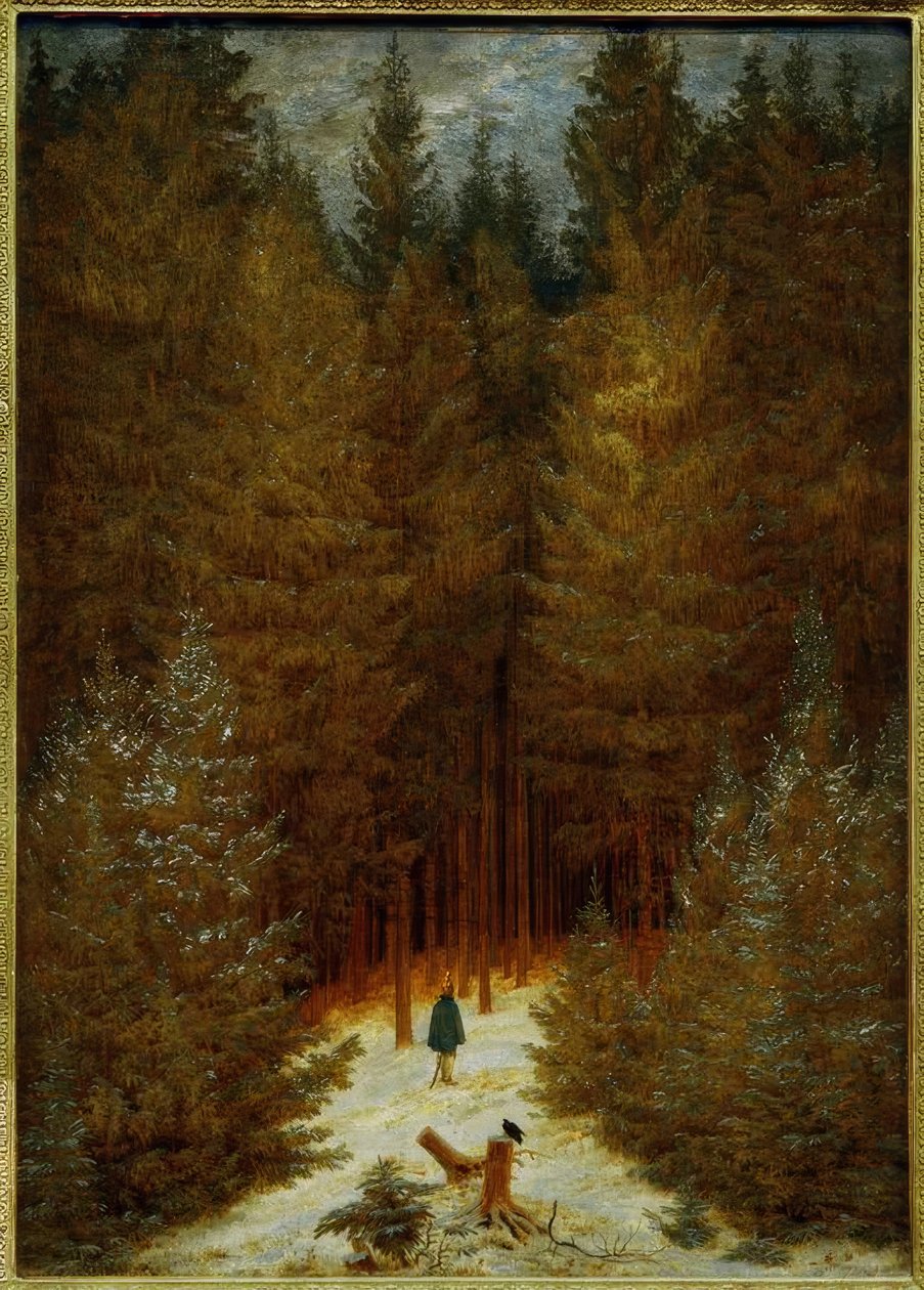 Chasseur im Walde (Karla kaplı bir köknar ormanı, Tannenwa by Caspar David Friedrich
