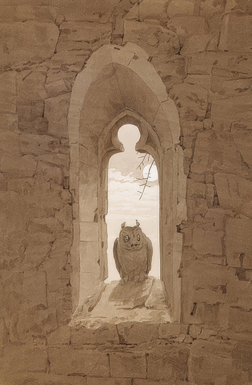 Gotik penceredeki baykuş. 1836 civarında by Caspar David Friedrich