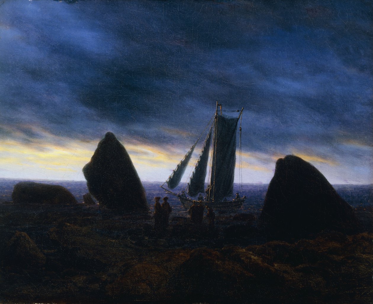 Baltık kıyısında bir sahilde Balıkçı Teknesi Geçen Figürler; Baltık Denizi sahilinde kayalar arasında balıkçı teknesi, by Caspar David Friedrich