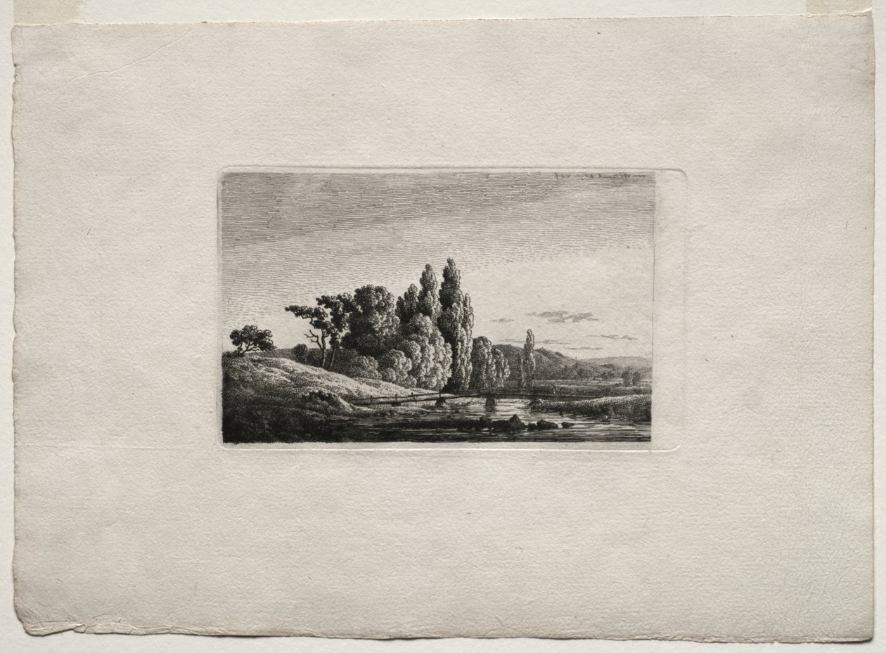 Bir Nehirde Ağaçların Önünde Haçlı Yaya Köprüsü by Caspar David Friedrich