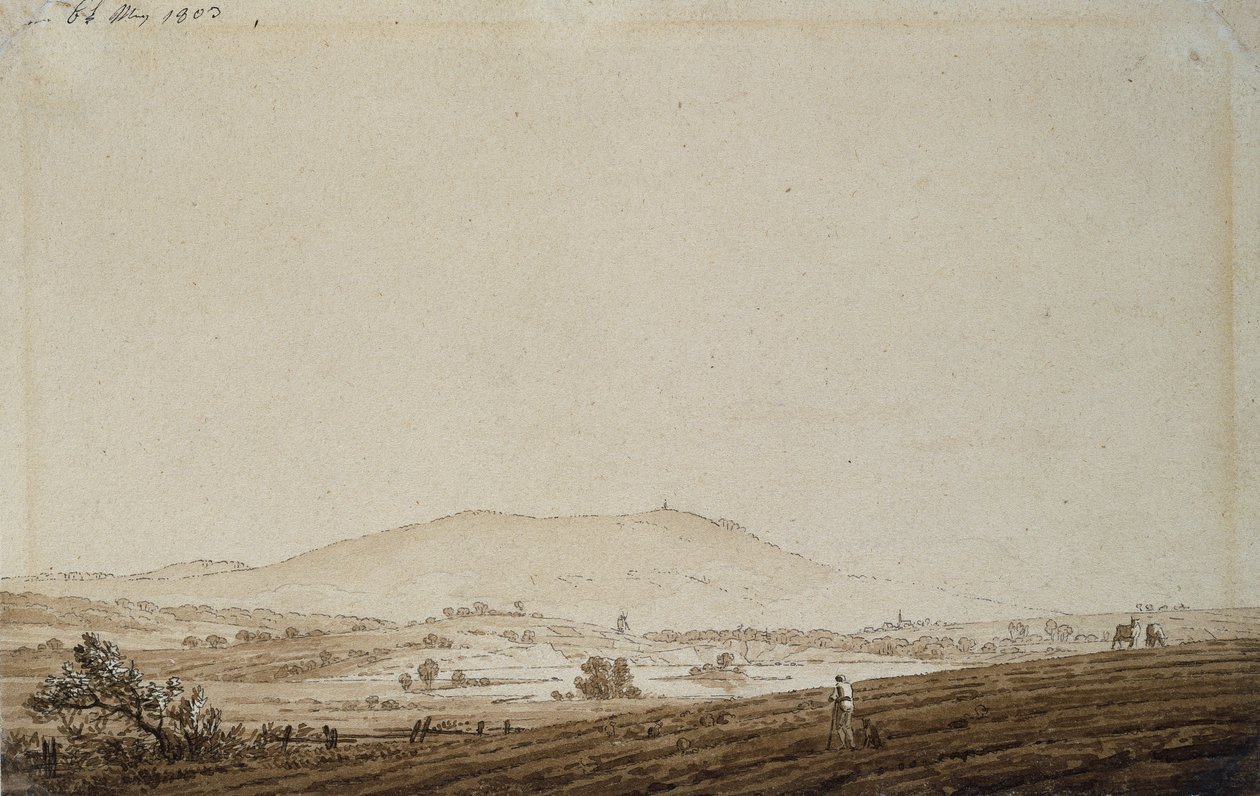 Jeschken Dağı manzaralı Bohemya manzarası, 1803 (kağıt üzerinde kalem ve mürekkep yıkama) by Caspar David Friedrich