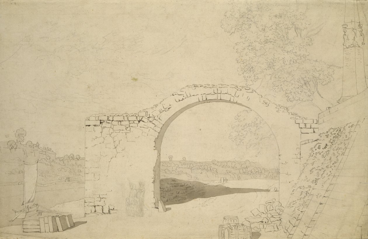 Kemerli Nehir Manzarası (bitmemiş) (kağıt üzerine kurşun kalem, tükenmez kalem ve wc) by Caspar David Friedrich
