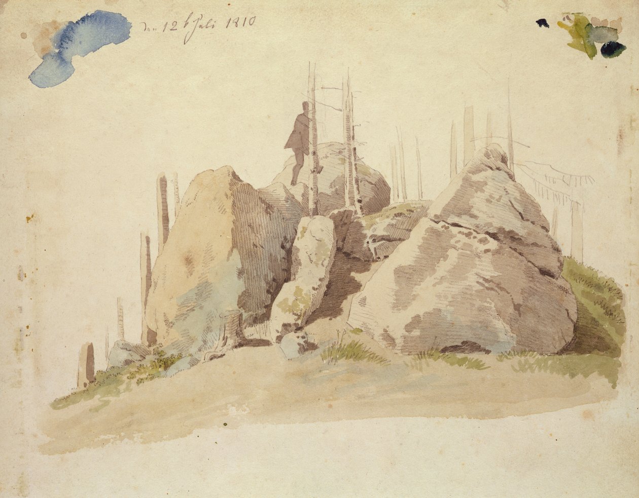 Rock and Tree: bitmemiş çalışma, 12 Temmuz 1810 (kağıt üzerinde wc ve kalem) by Caspar David Friedrich