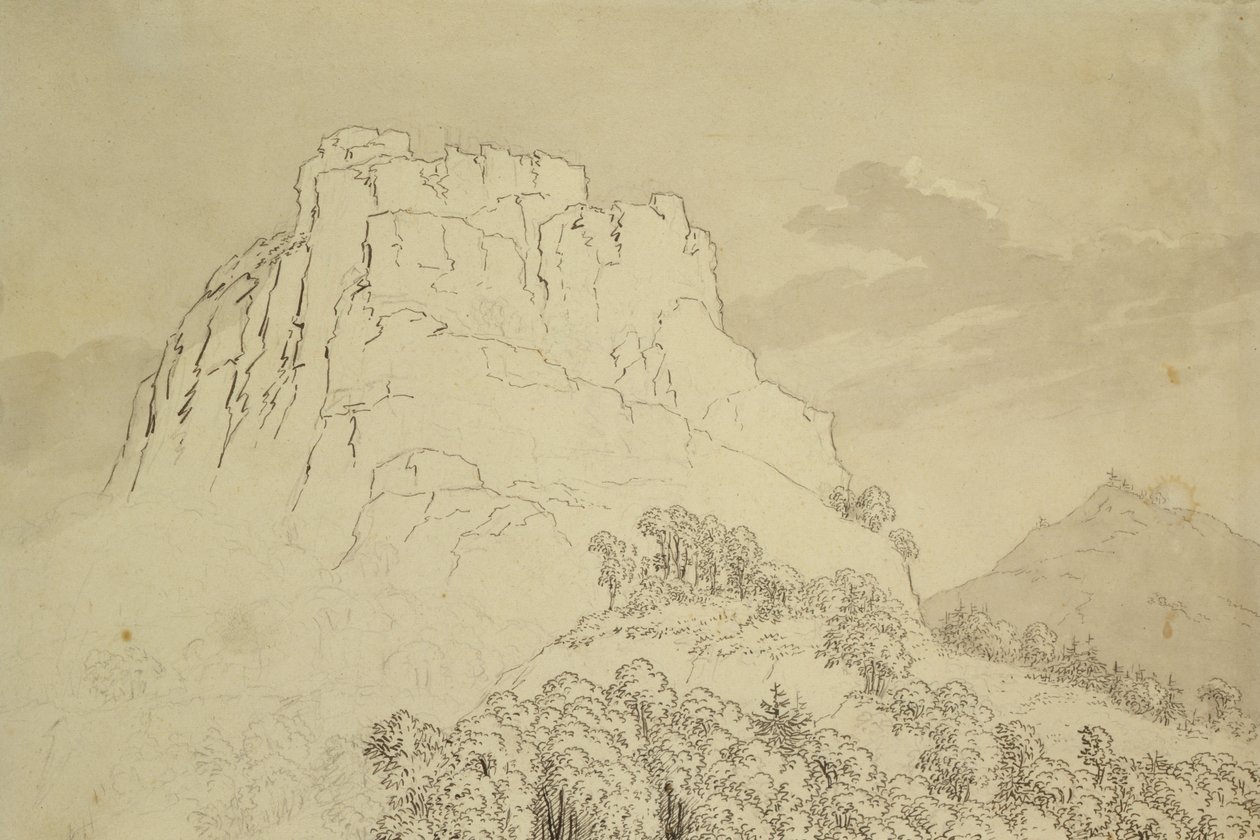 Önünde Wooded Hill olan Rocky Hilltop (kağıt üzerinde kurşun kalem, tükenmez kalem ve wc yıkama) by Caspar David Friedrich