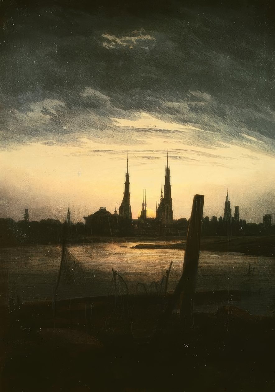 Ayın yükselişinde şehir by Caspar David Friedrich