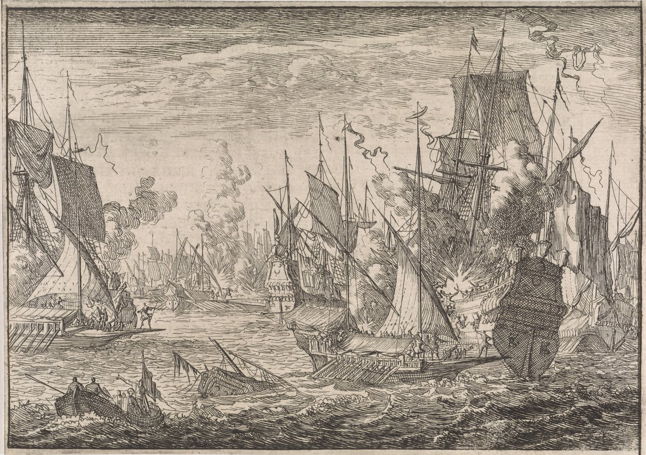 Türk savaş gemileri ile Malta Şövalyelerinin kadırgaları arasındaki deniz savaşı, 1644 by Caspar Luyken (attributed to)