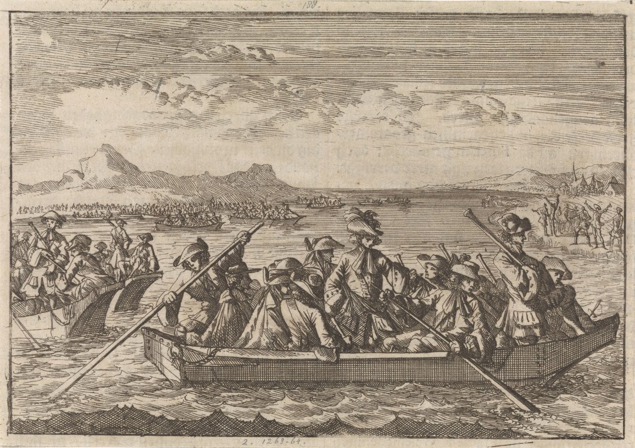 Savoy'dan kovalanan Waldens'ler, Cenevre Gölü boyunca mavnalarla ülkelerine dönüyor, 1689 by Caspar Luyken