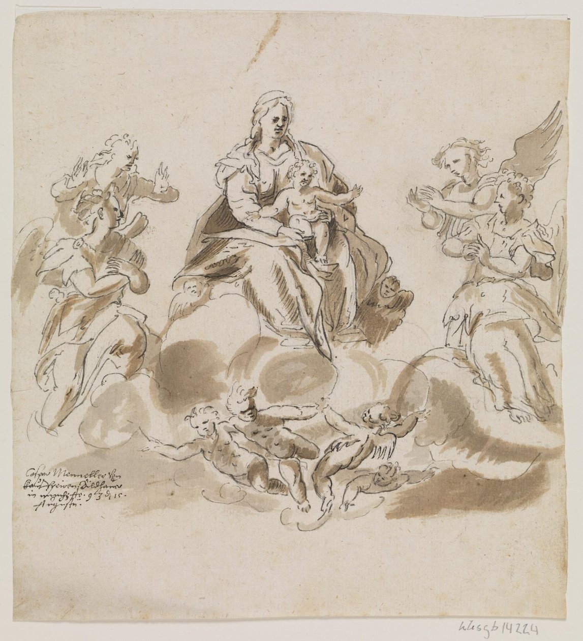 Melekler ve putti ile çevrili cennette çocukla Meryem Ana by Caspar Menneler