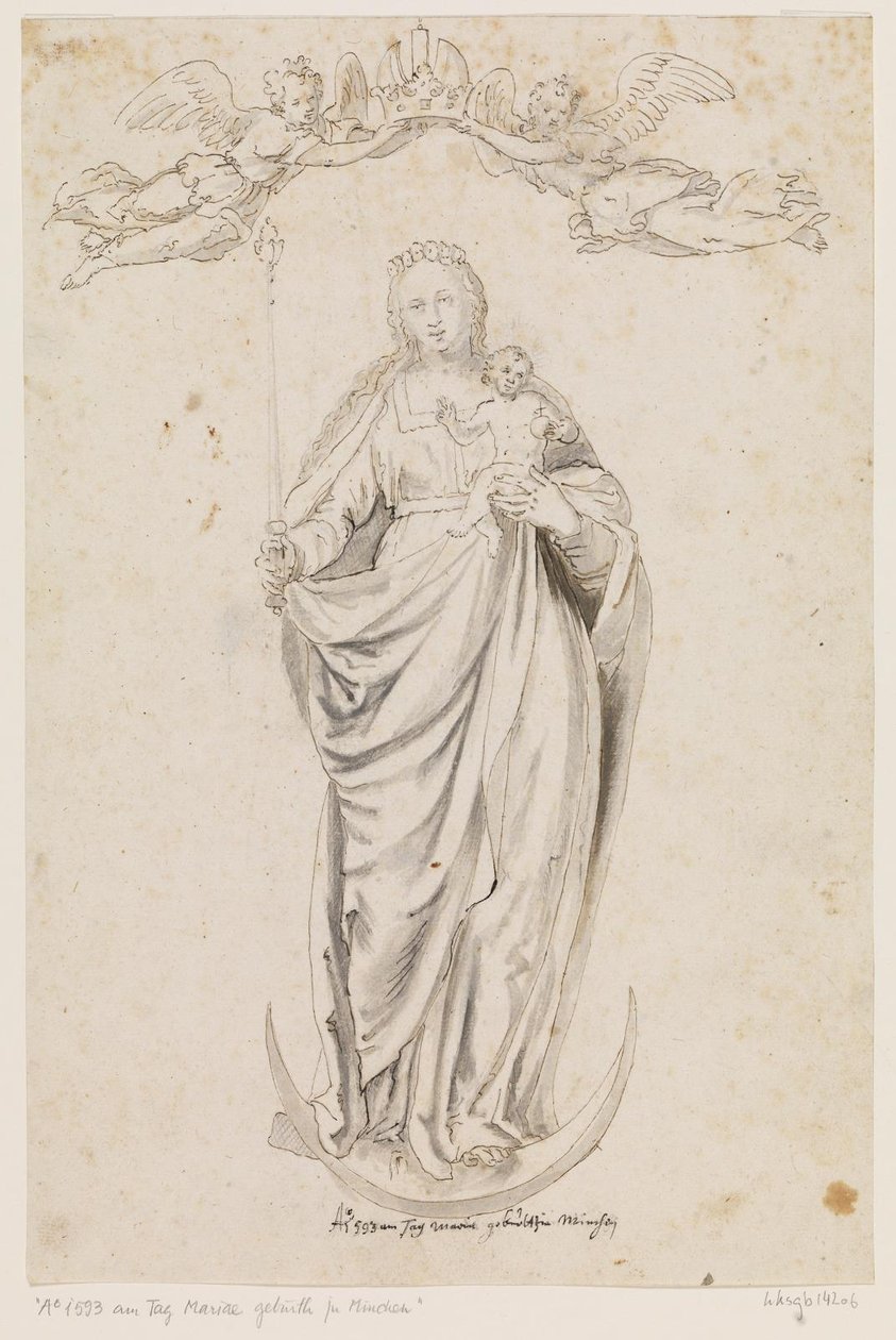 Ay mührü üzerinde duran çocukla Mary by Caspar Menneler