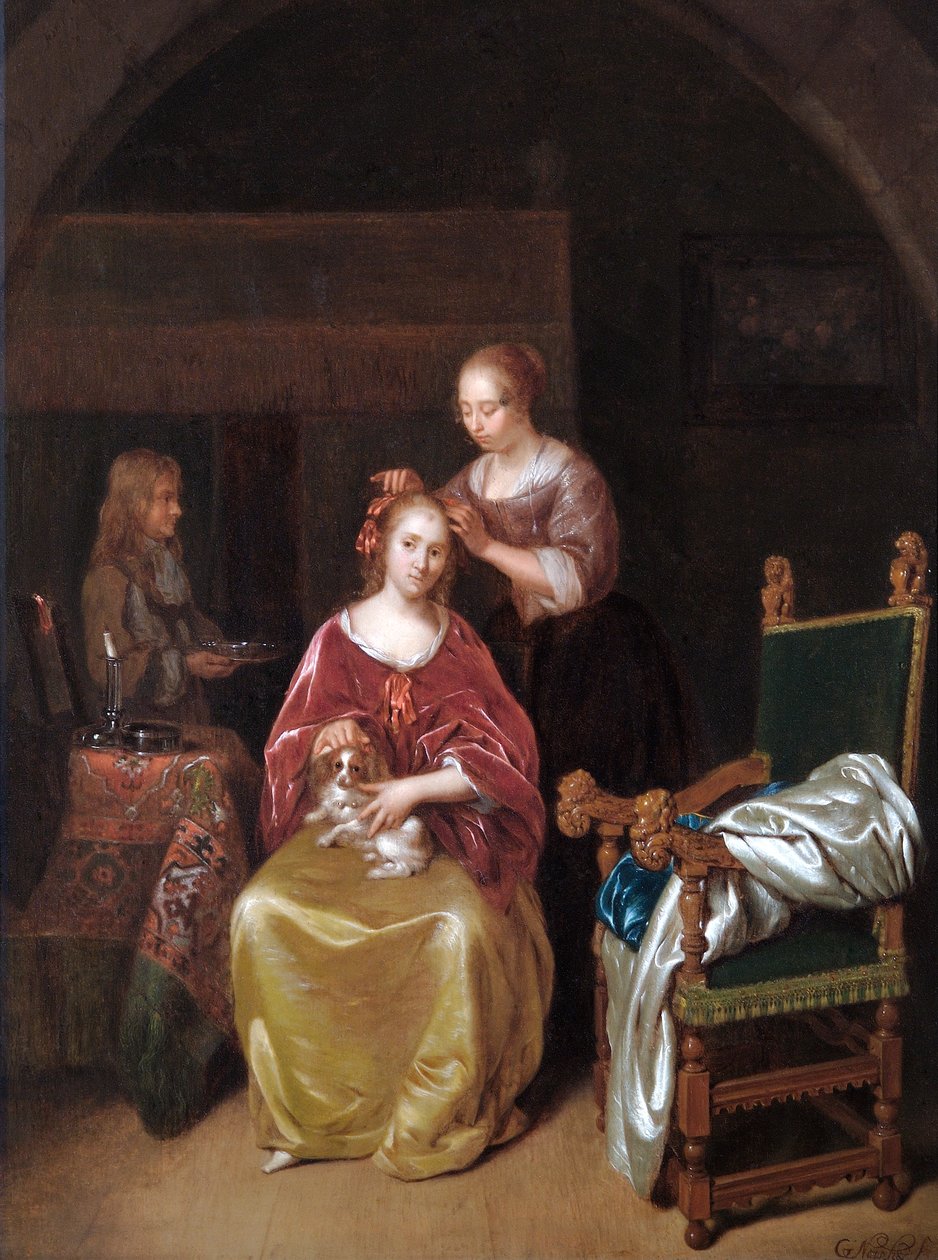 A Lady At Her Toilet, c.1665 (meşe panel üzerine yağlıboya) by Caspar Netscher