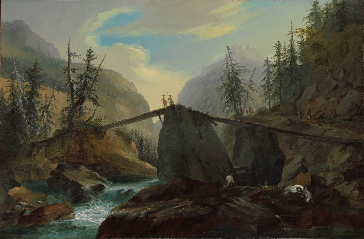 Gsteig yakınlarındaki Lütschine üzerindeki ahşap yaya köprüsü, 1774. by Caspar Wolf