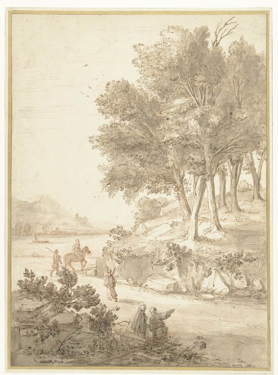 Bir Yol Boyunca Figürler ve Arka Planda Bir Nehir ile İtalyan Manzarası by Caspar van Wittel