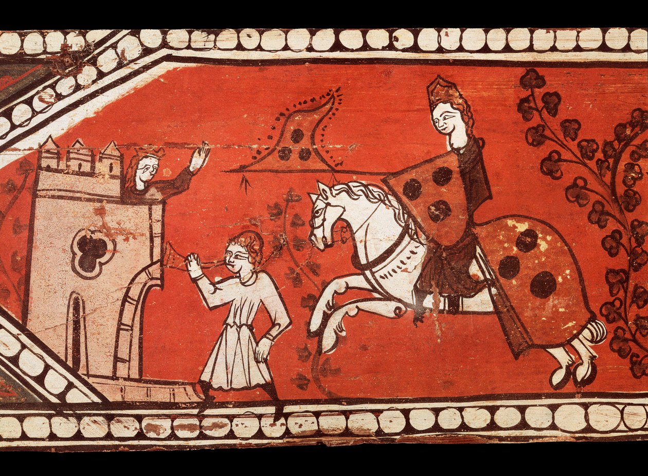 Şövalyeler bayrak taşırlar: şövalye, prenses ve heraut. Bir çatının dekorasyonundan ahşap üzerine tempera. 13. yüzyıl. by Catalan School