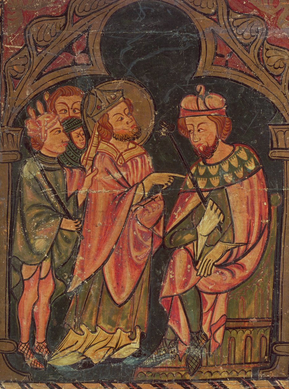 St. Cyprian (c.200-258) Kartaca Piskoposu İmparator Valerian'ın (taht.253-60) önüne getirildi 1300-25 by Catalan School