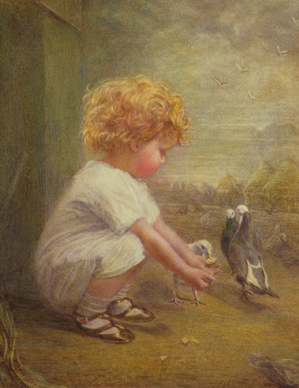 Güvercinleri besleyen küçük kız by Catherine P. Brooker