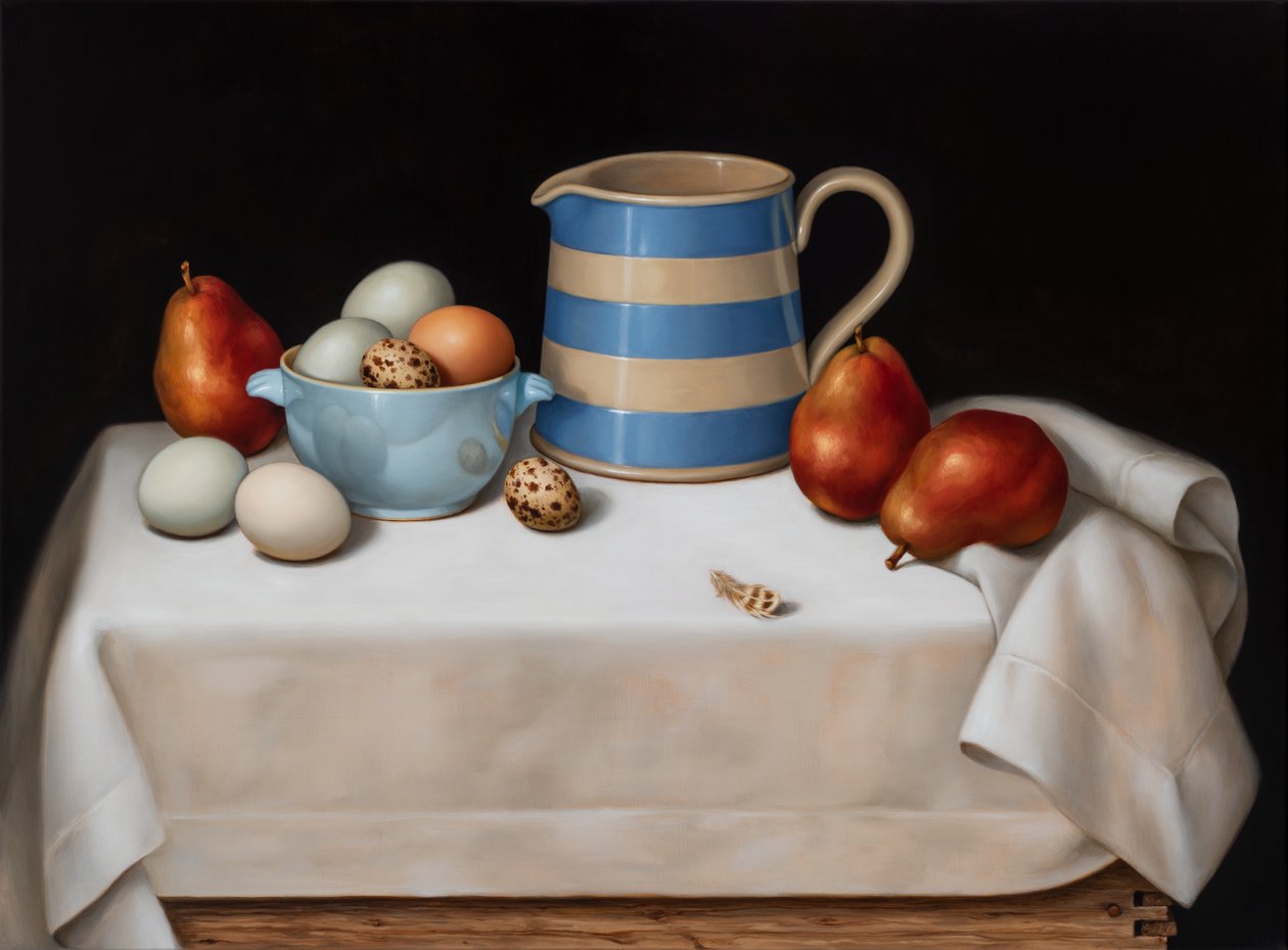 Bıldırcın Tüylü Natürmort, 2019 (keten üzeri yağlıboya) by Catherine Abel