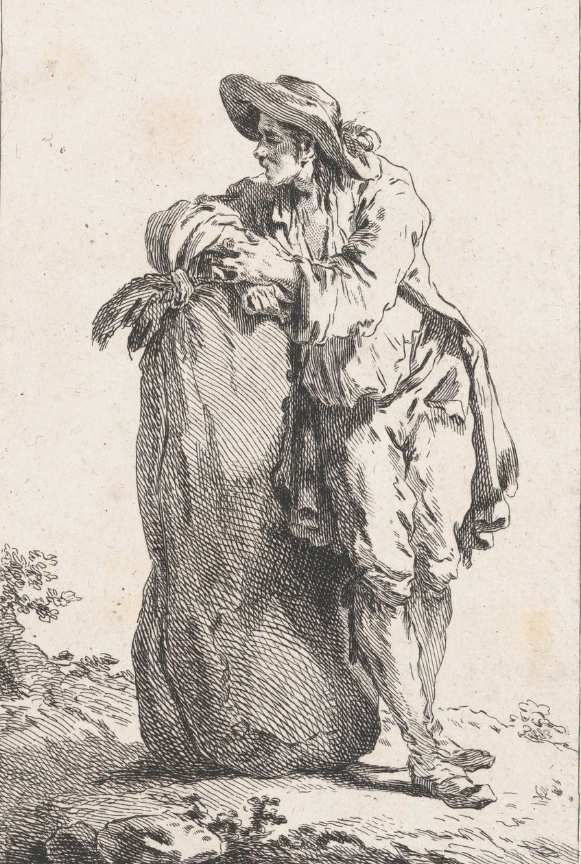 Bir Tahıl Çuvalına Yaslanmış Köylü, 1758. by Catherine Francoise Beauvarlet