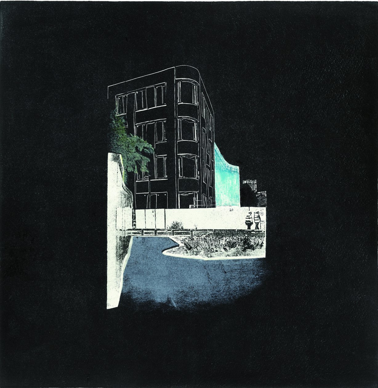 Geçiş sürecindeki bir şehir için oyma ve inşa, 2016 (Linocut ve PCB transfer aşındırma) by Catherine Sutcliffe-Fuller