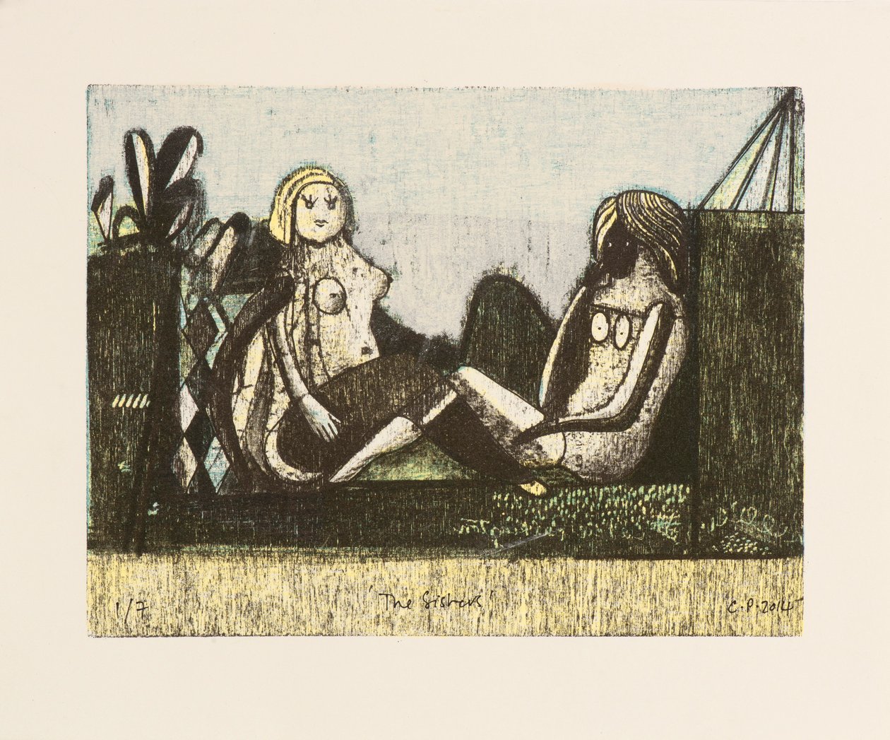 Kız Kardeşler, 2014 (el boyaması ile mokulito litografi) by Cathie Pilkington